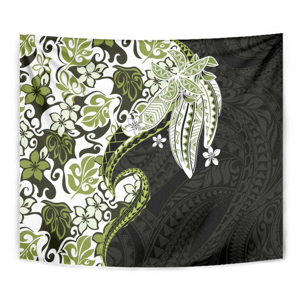 Monstera Plumeria Flowers Olive Green Tapestry Polynesian Pattern