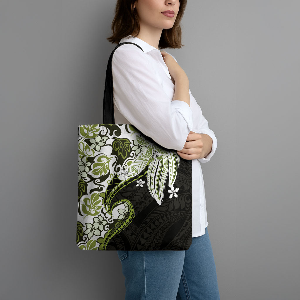 Monstera Plumeria Flowers Olive Green Tote Bag Polynesian Pattern