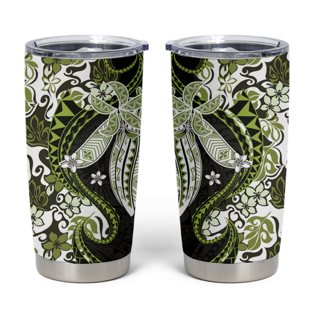 Monstera Plumeria Flowers Olive Green Tumbler Cup Polynesian Pattern