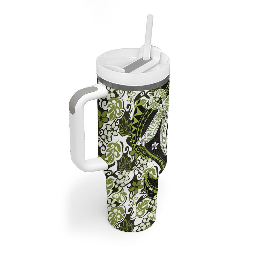 Monstera Plumeria Flowers Olive Green Tumbler With Handle Polynesian Pattern