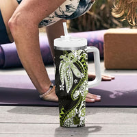 Monstera Plumeria Flowers Olive Green Tumbler With Handle Polynesian Pattern