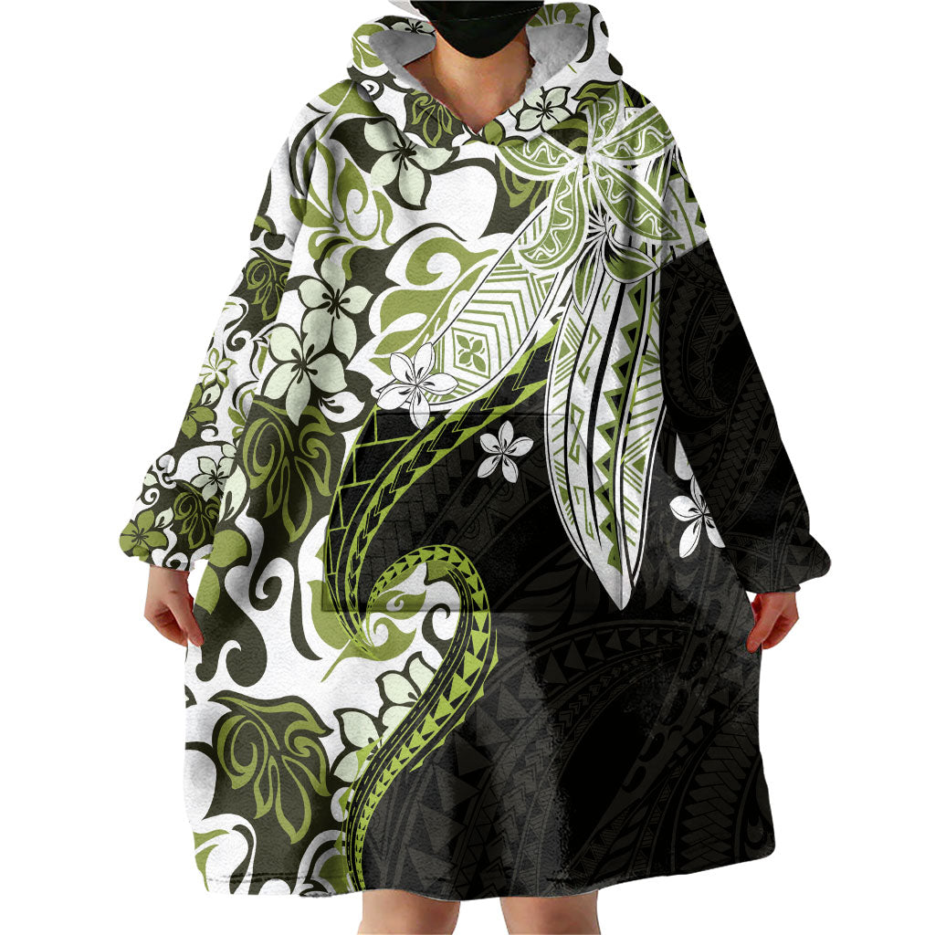 Monstera Plumeria Flowers Olive Green Wearable Blanket Hoodie Polynesian Pattern