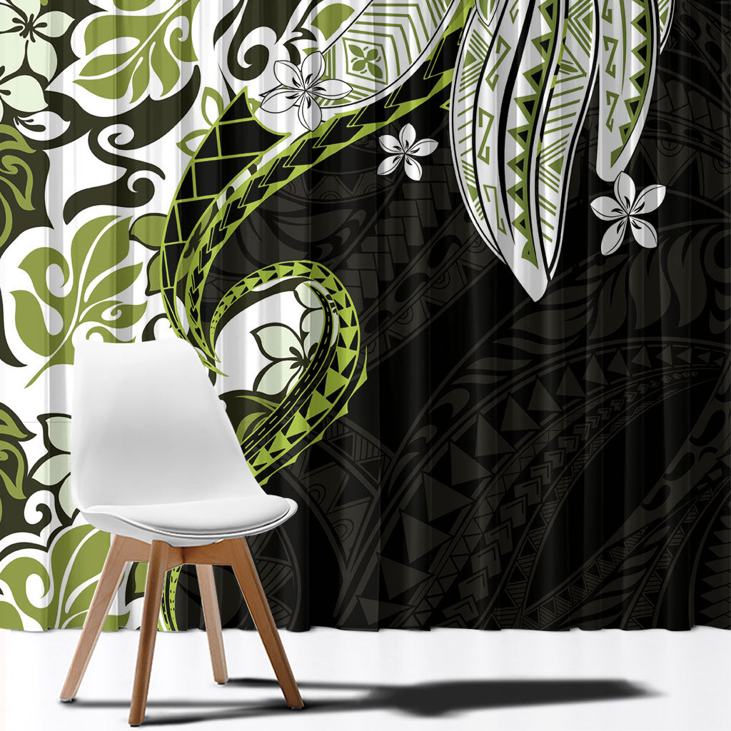 Monstera Plumeria Flowers Olive Green Window Curtain Polynesian Pattern