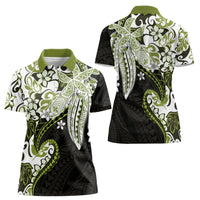 Monstera Plumeria Flowers Olive Green Women Polo Shirt Polynesian Pattern