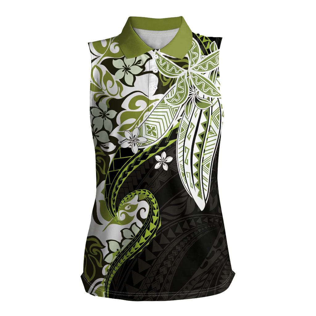 Monstera Plumeria Flowers Olive Green Women Sleeveless Polo Shirt Polynesian Pattern
