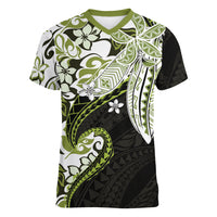 Monstera Plumeria Flowers Olive Green Women V-Neck T-Shirt Polynesian Pattern