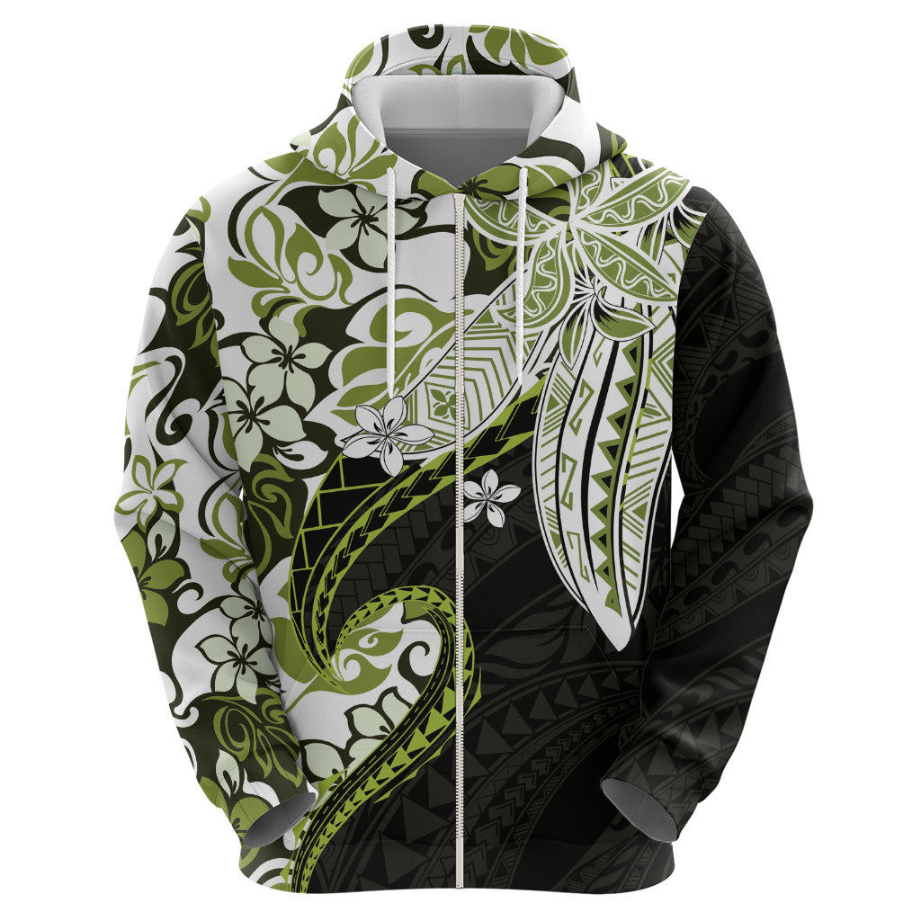 Monstera Plumeria Flowers Olive Green Zip Hoodie Polynesian Pattern