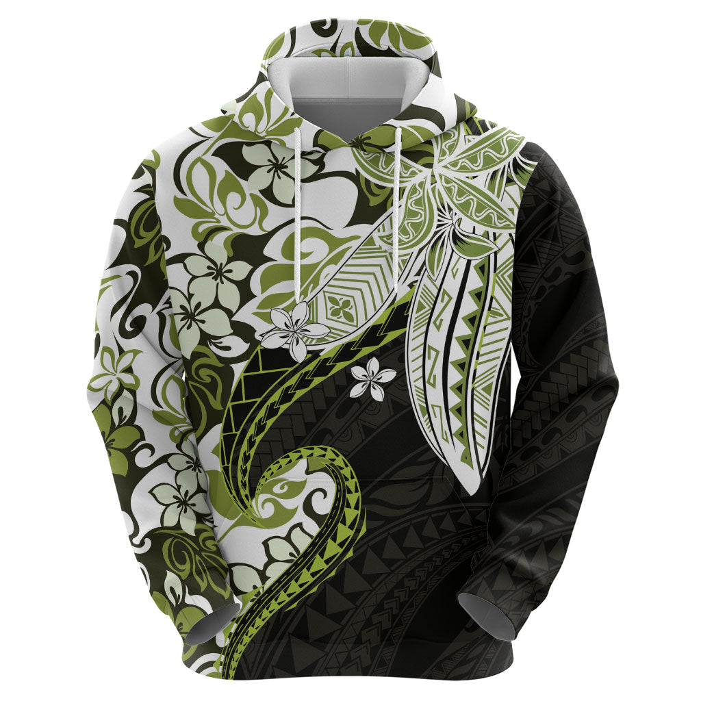 Monstera Plumeria Flowers Olive Green Zip Hoodie Polynesian Pattern