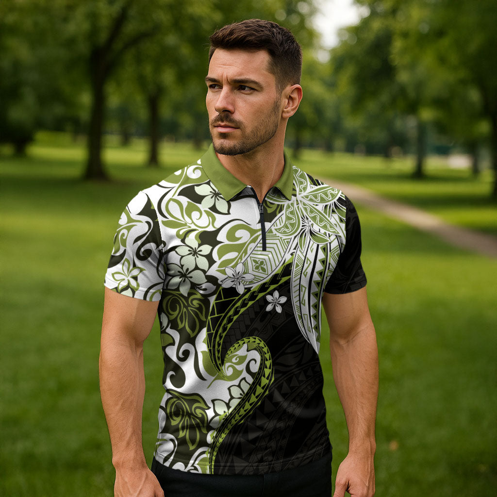 Monstera Plumeria Flowers Olive Green Zipper Polo Shirt Polynesian Pattern