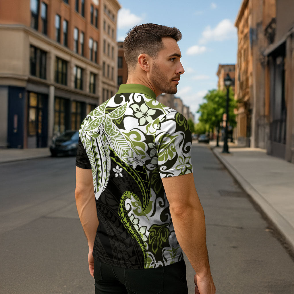 Monstera Plumeria Flowers Olive Green Zipper Polo Shirt Polynesian Pattern