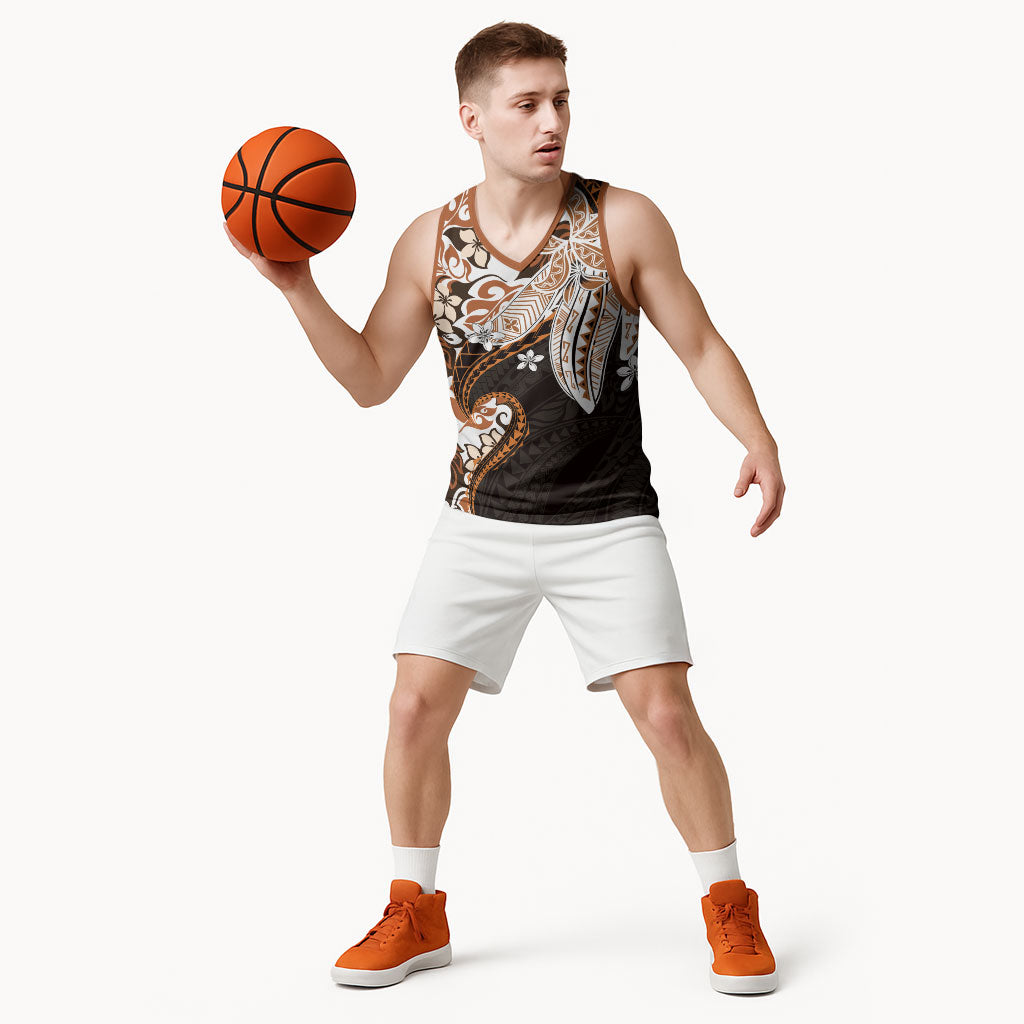 Monstera Plumeria Flowers Orange Basketball Jersey Polynesian Pattern