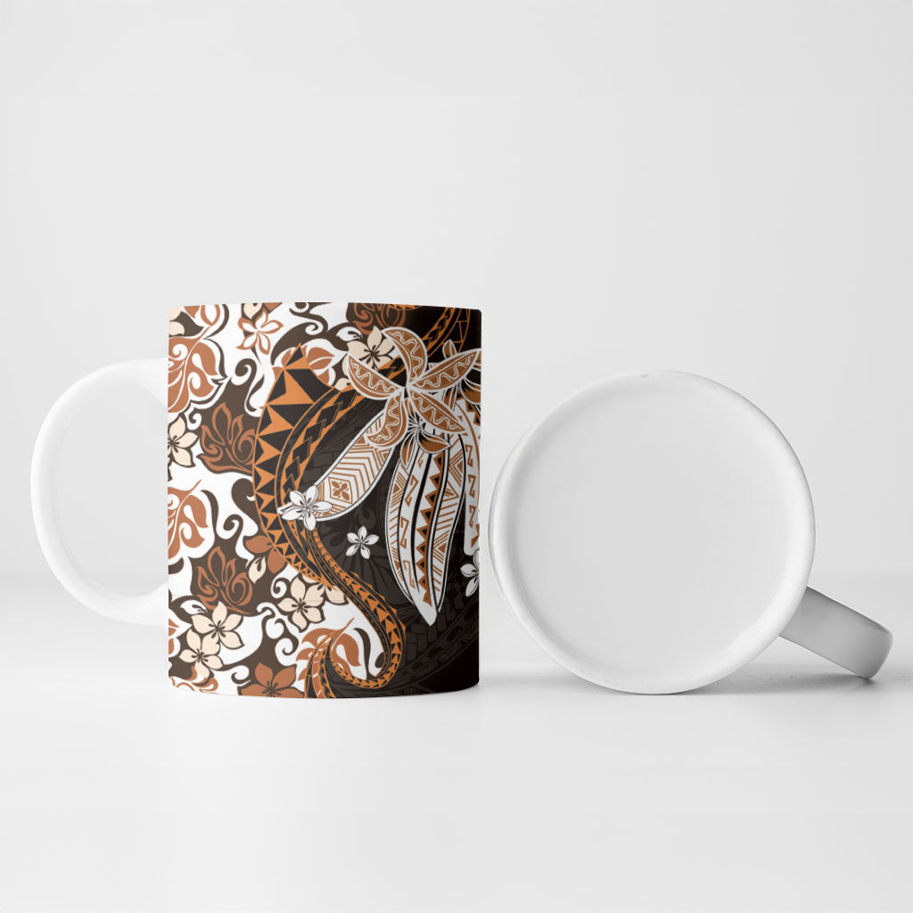 Monstera Plumeria Flowers Orange Ceramic Mug Polynesian Pattern