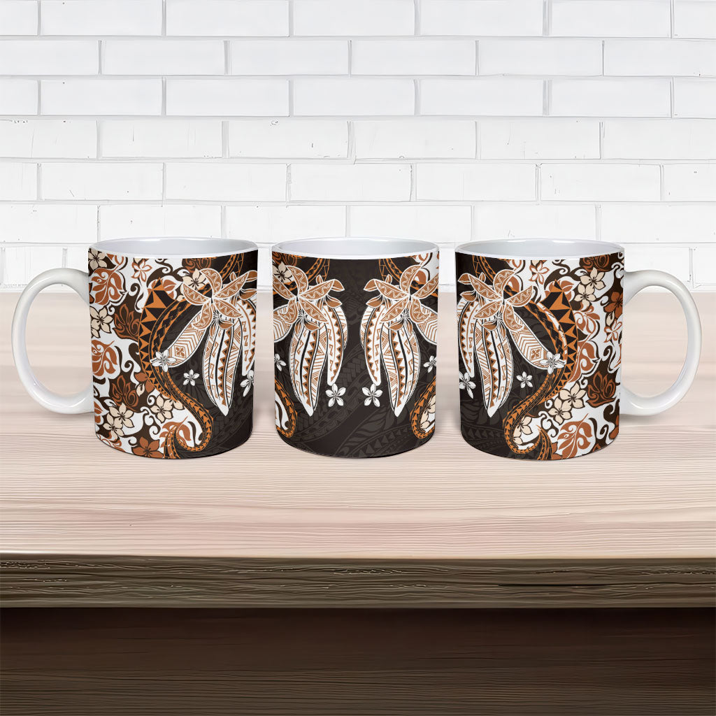 Monstera Plumeria Flowers Orange Ceramic Mug Polynesian Pattern