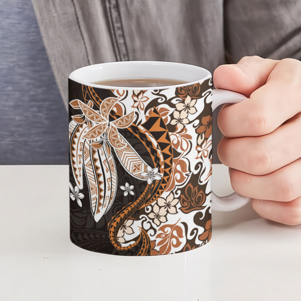 Monstera Plumeria Flowers Orange Ceramic Mug Polynesian Pattern