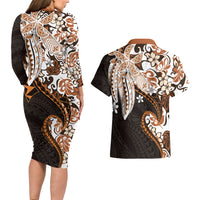 Monstera Plumeria Flowers Orange Couples Matching Long Sleeve Bodycon Dress and Hawaiian Shirt Polynesian Pattern