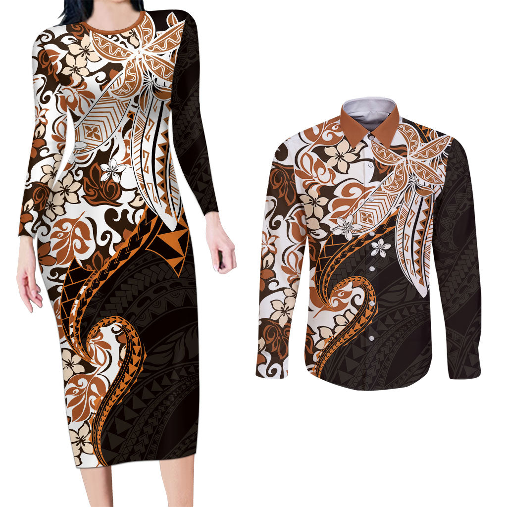 Monstera Plumeria Flowers Orange Couples Matching Long Sleeve Bodycon Dress and Long Sleeve Button Shirt Polynesian Pattern