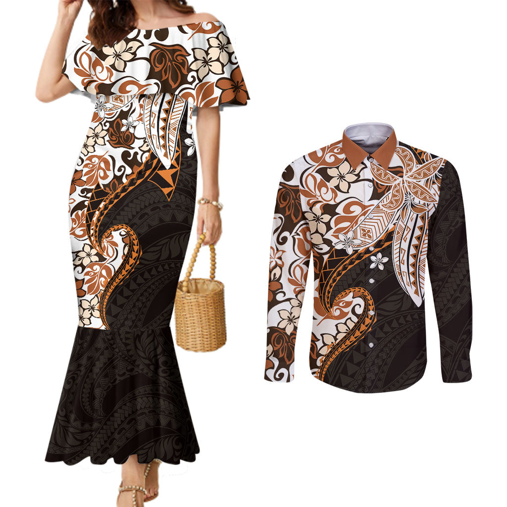 Monstera Plumeria Flowers Orange Couples Matching Mermaid Dress and Long Sleeve Button Shirt Polynesian Pattern