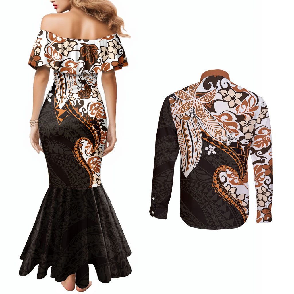 Monstera Plumeria Flowers Orange Couples Matching Mermaid Dress and Long Sleeve Button Shirt Polynesian Pattern