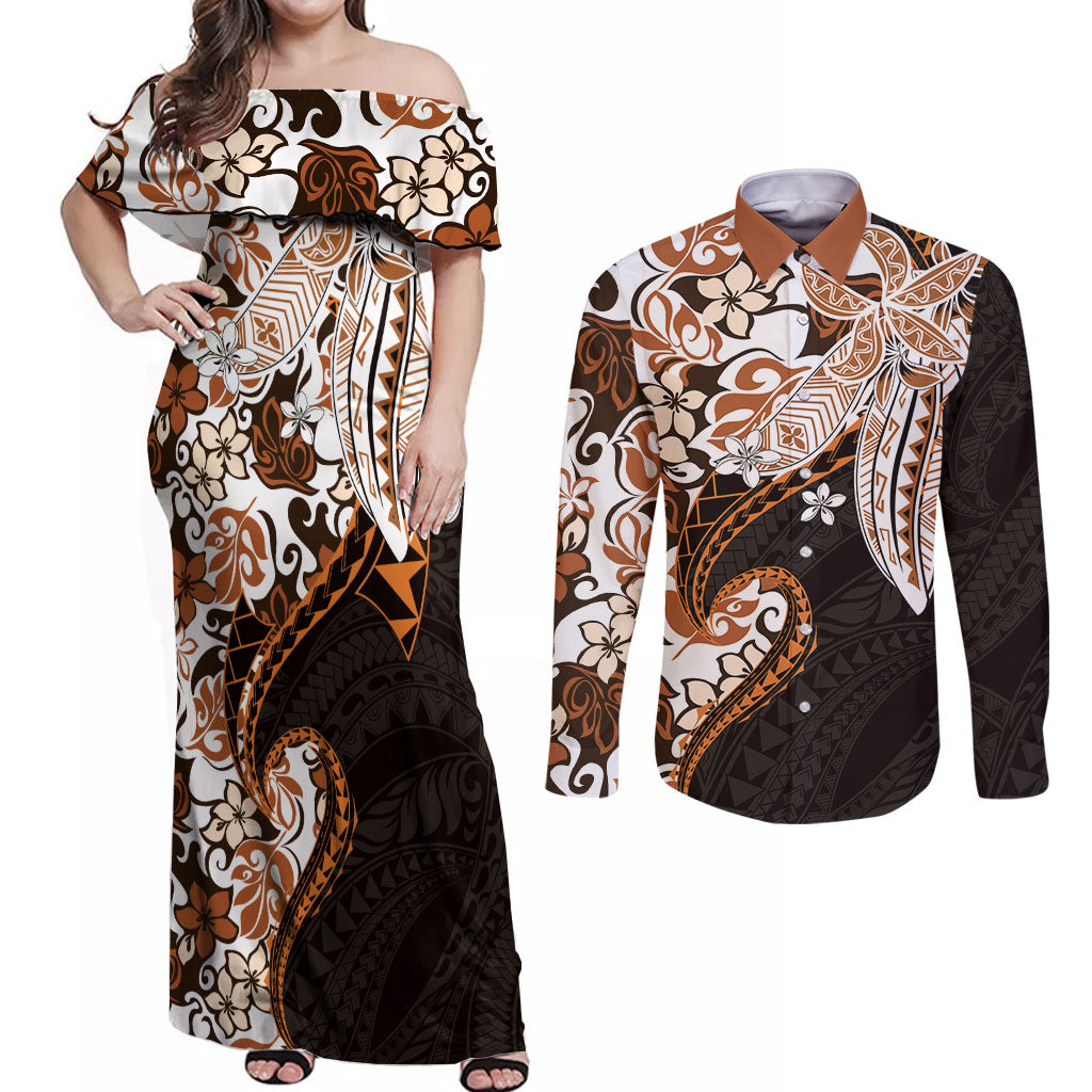Monstera Plumeria Flowers Orange Couples Matching Off Shoulder Maxi Dress and Long Sleeve Button Shirt Polynesian Pattern