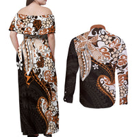 Monstera Plumeria Flowers Orange Couples Matching Off Shoulder Maxi Dress and Long Sleeve Button Shirt Polynesian Pattern