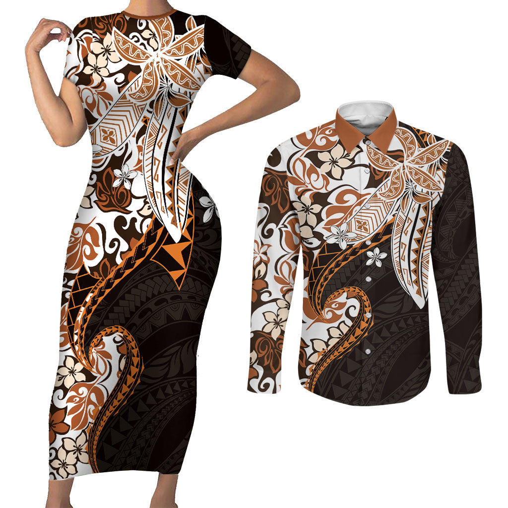 Monstera Plumeria Flowers Orange Couples Matching Short Sleeve Bodycon Dress and Long Sleeve Button Shirt Polynesian Pattern