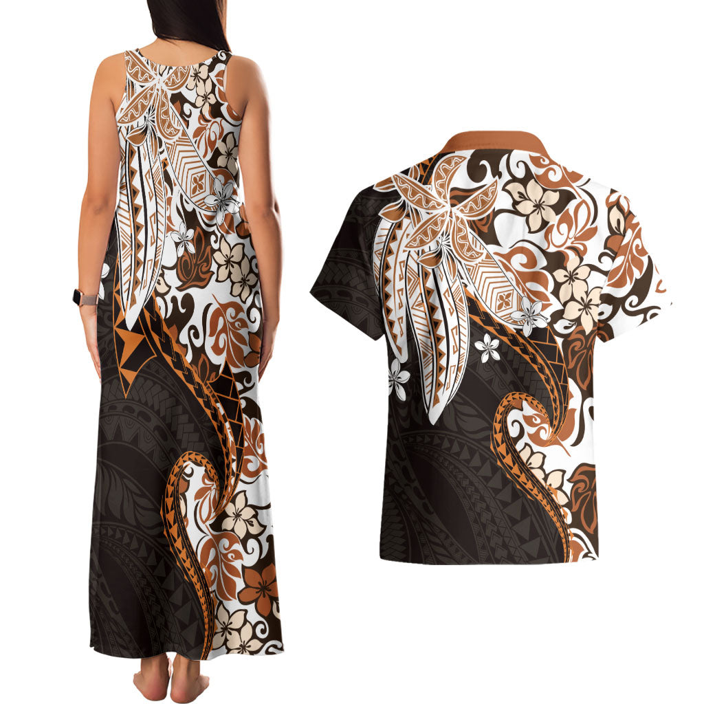 Monstera Plumeria Flowers Orange Couples Matching Tank Maxi Dress and Hawaiian Shirt Polynesian Pattern
