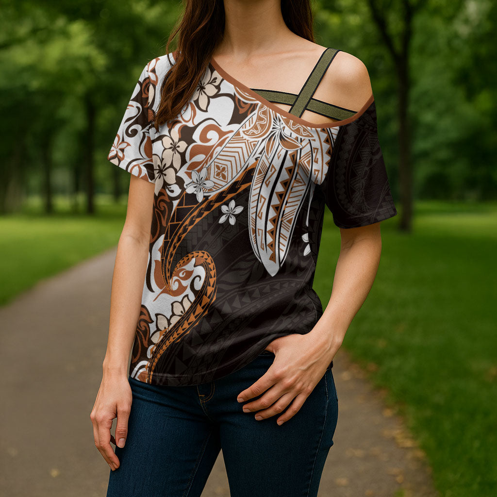 Monstera Plumeria Flowers Orange Cross Shoulder Shirt Polynesian Pattern