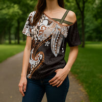 Monstera Plumeria Flowers Orange Cross Shoulder Shirt Polynesian Pattern