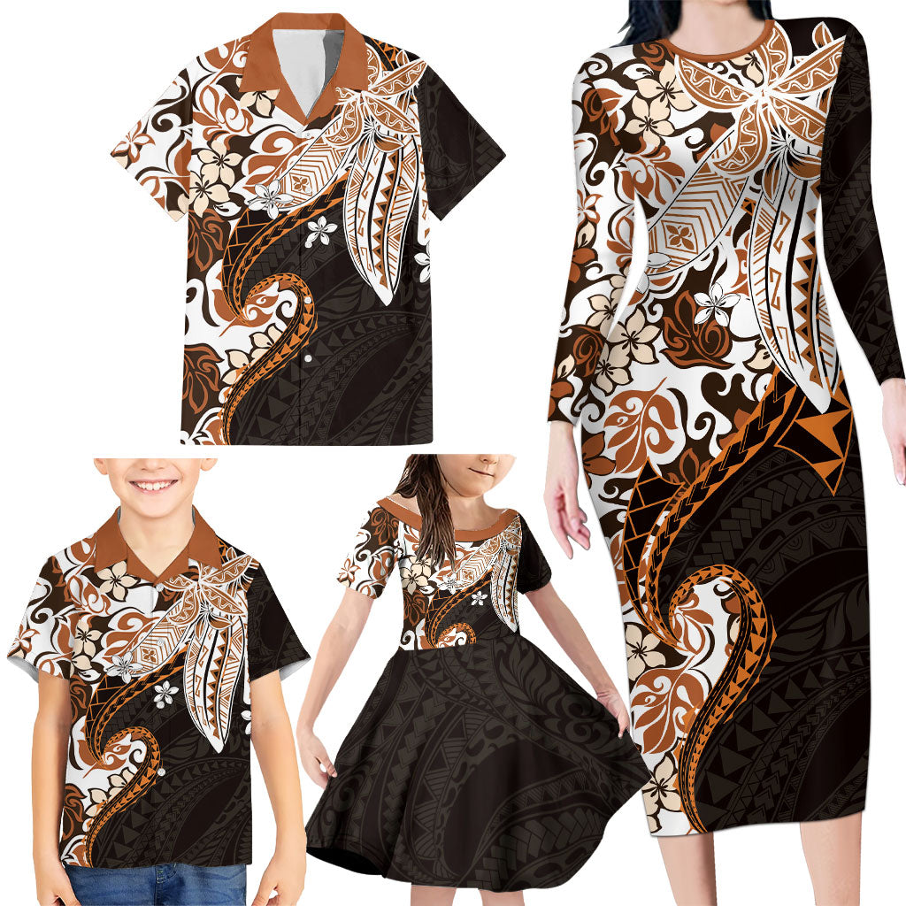 Monstera Plumeria Flowers Orange Family Matching Long Sleeve Bodycon Dress and Hawaiian Shirt Polynesian Pattern LT01 - Polynesian Pride