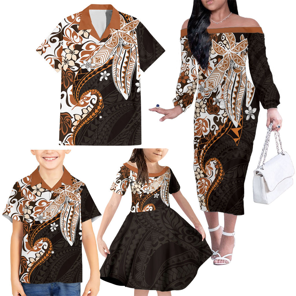 Monstera Plumeria Flowers Orange Family Matching Off The Shoulder Long Sleeve Dress and Hawaiian Shirt Polynesian Pattern