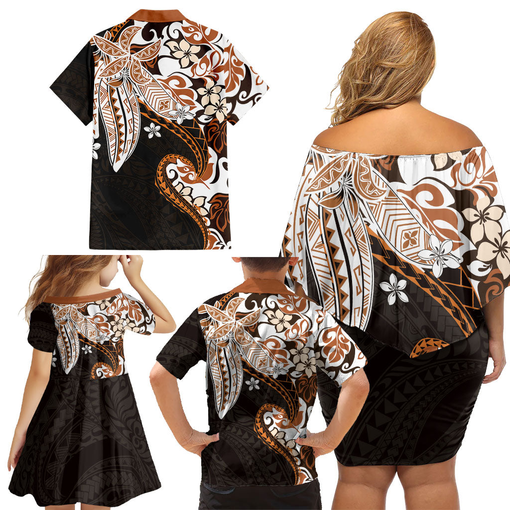Monstera Plumeria Flowers Orange Family Matching Off Shoulder Short Dress and Hawaiian Shirt Polynesian Pattern