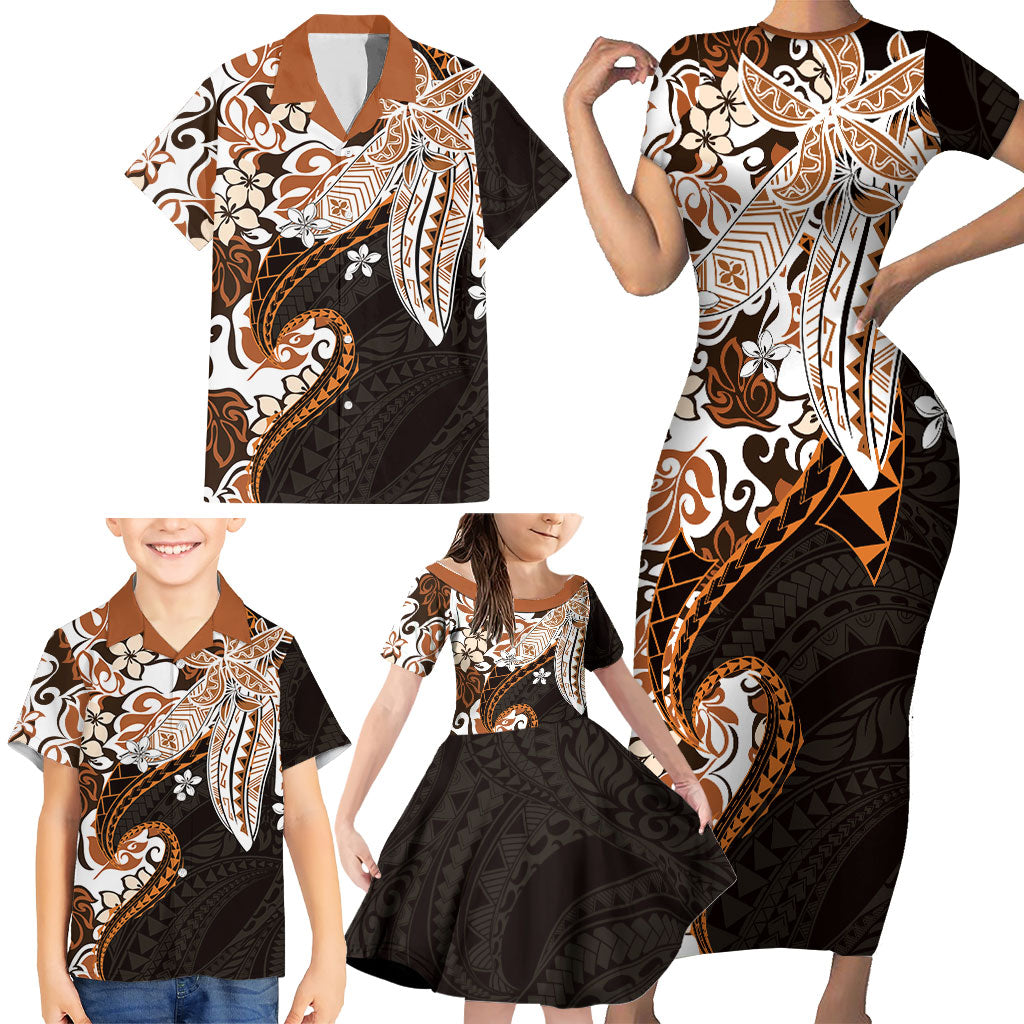 Monstera Plumeria Flowers Orange Family Matching Short Sleeve Bodycon Dress and Hawaiian Shirt Polynesian Pattern LT01 - Polynesian Pride
