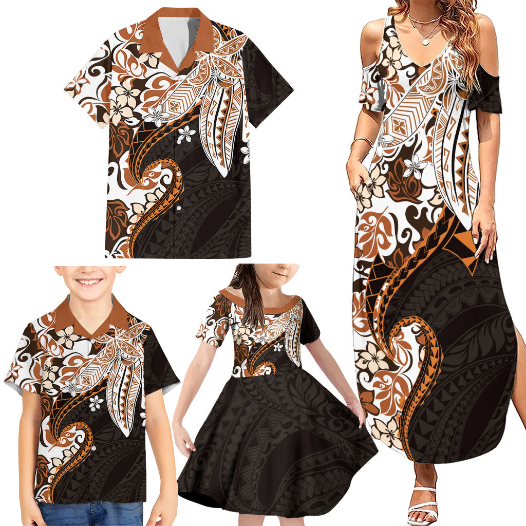 Monstera Plumeria Flowers Orange Family Matching Summer Maxi Dress and Hawaiian Shirt Polynesian Pattern