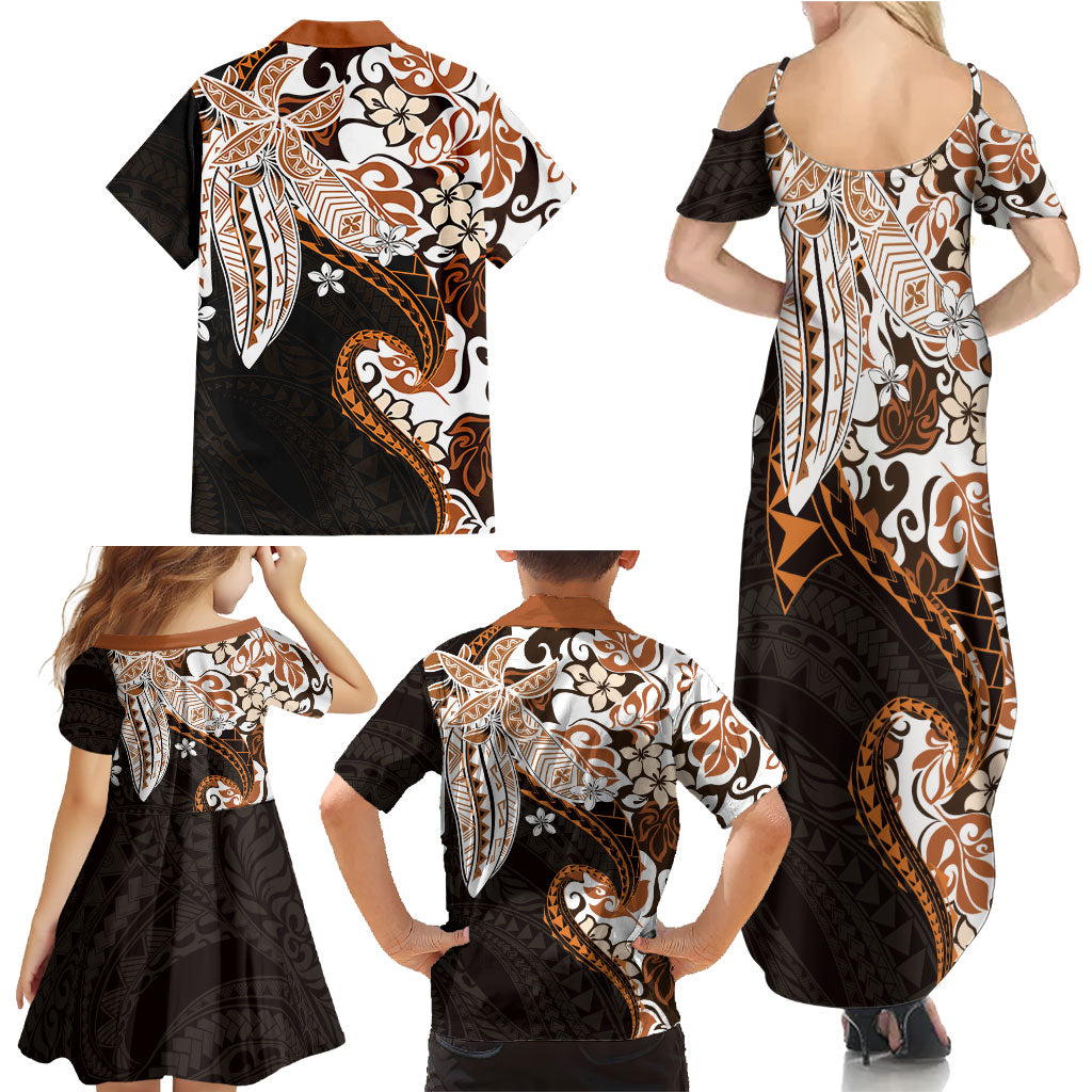 Monstera Plumeria Flowers Orange Family Matching Summer Maxi Dress and Hawaiian Shirt Polynesian Pattern
