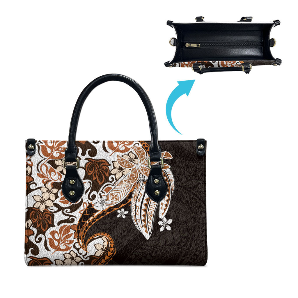 Monstera Plumeria Flowers Orange Leather Bag Polynesian Pattern
