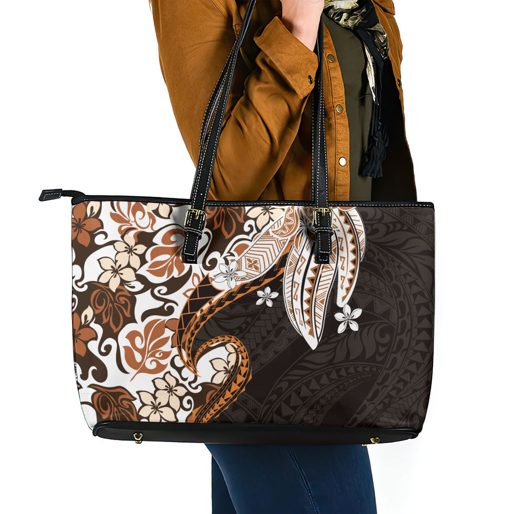 Monstera Plumeria Flowers Orange Leather Tote Bag Polynesian Pattern