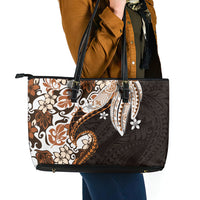 Monstera Plumeria Flowers Orange Leather Tote Bag Polynesian Pattern