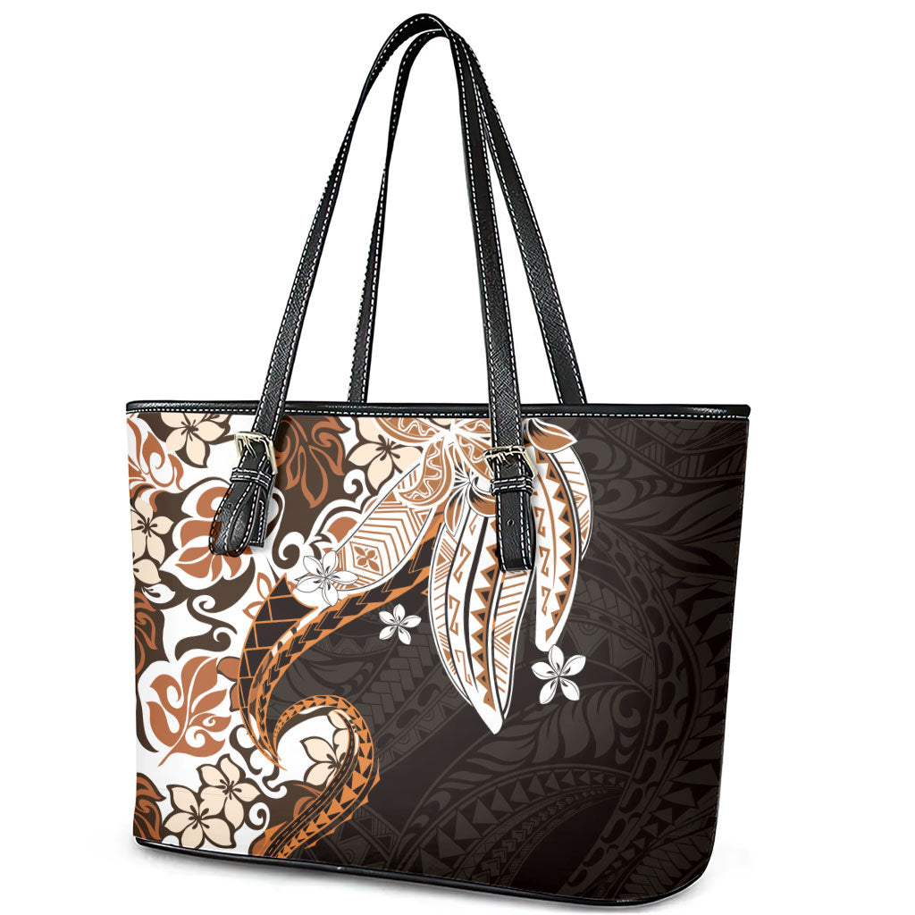 Monstera Plumeria Flowers Orange Leather Tote Bag Polynesian Pattern