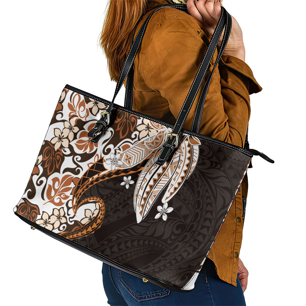 Monstera Plumeria Flowers Orange Leather Tote Bag Polynesian Pattern