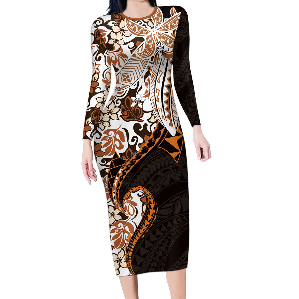Monstera Plumeria Flowers Orange Long Sleeve Bodycon Dress Polynesian Pattern