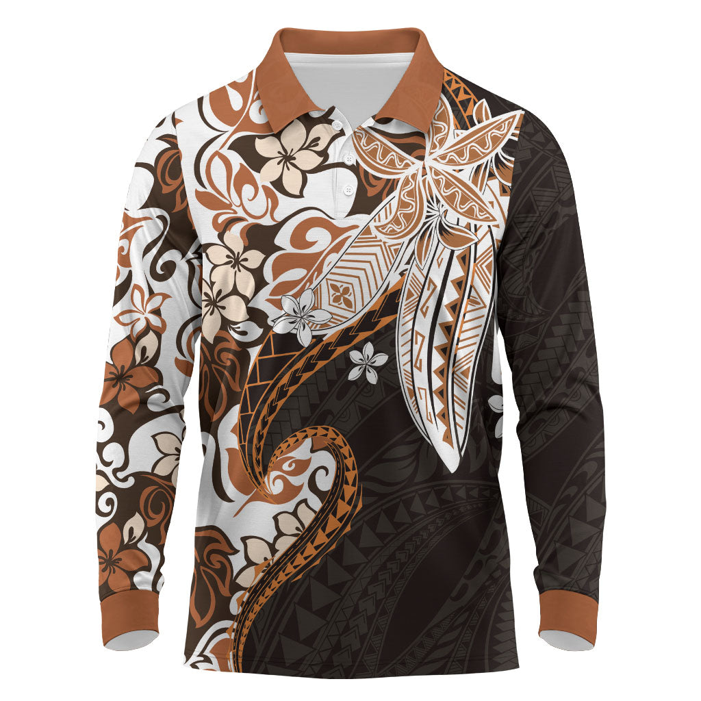 Monstera Plumeria Flowers Orange Long Sleeve Polo Shirt Polynesian Pattern