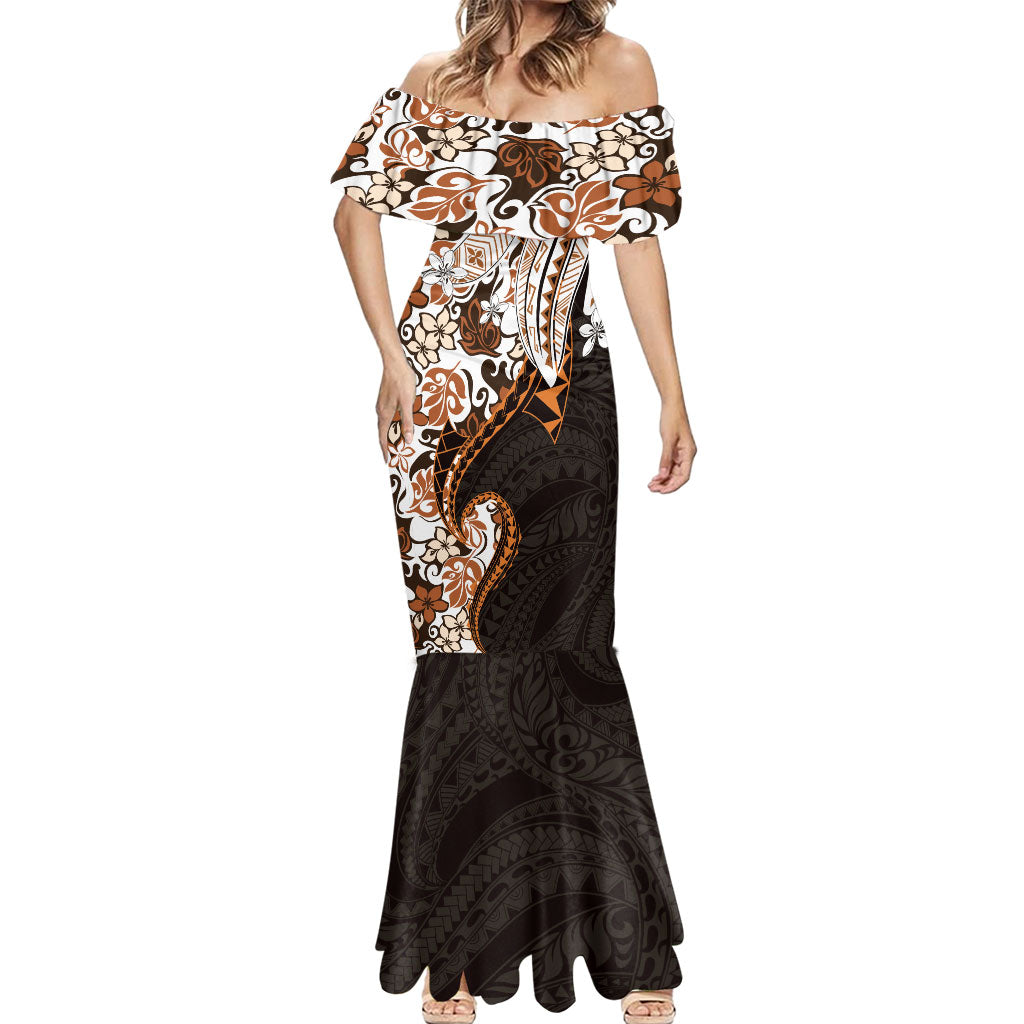 Monstera Plumeria Flowers Orange Mermaid Dress Polynesian Pattern