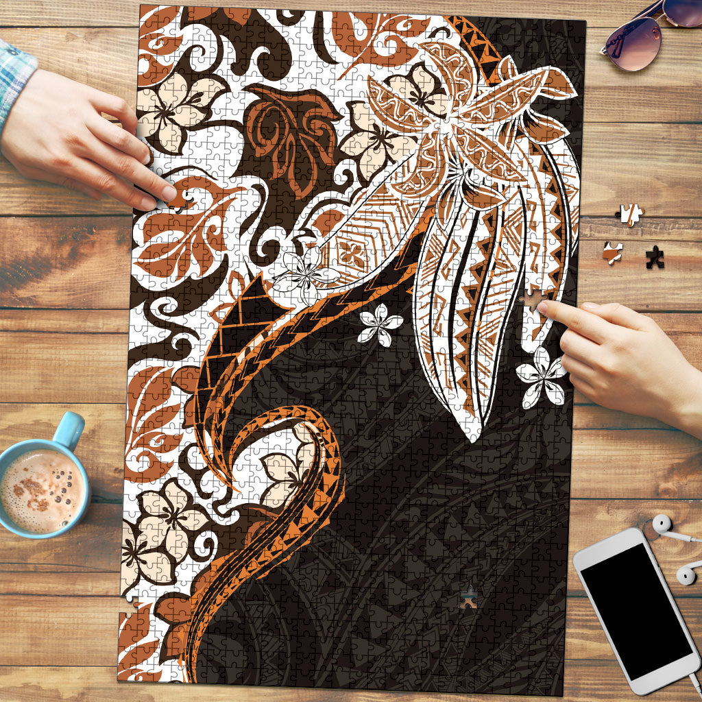 Monstera Plumeria Flowers Orange Puzzle Polynesian Pattern