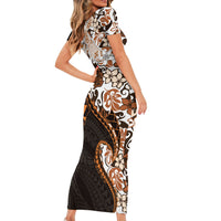 Monstera Plumeria Flowers Orange Short Sleeve Bodycon Dress Polynesian Pattern