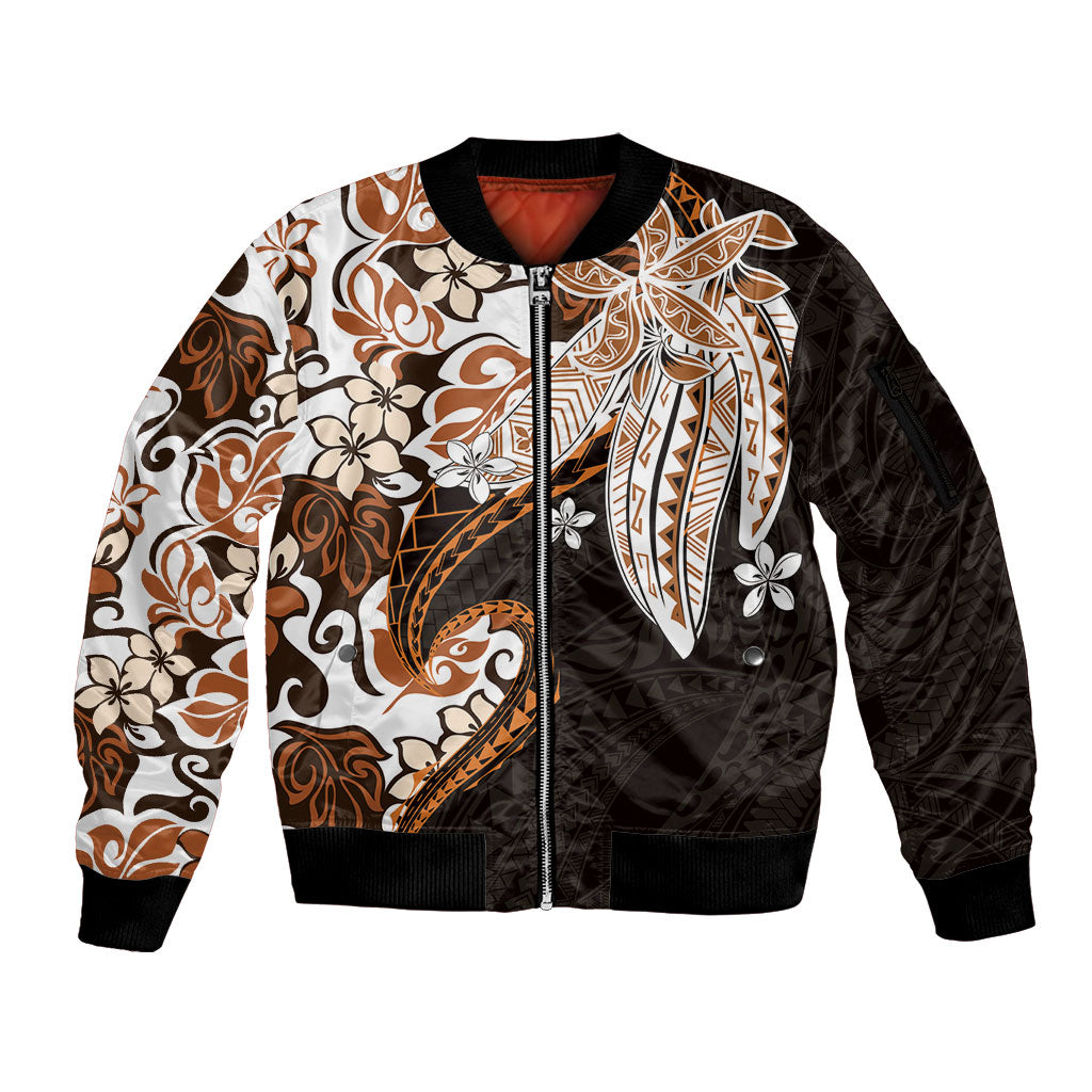 Monstera Plumeria Flowers Orange Sleeve Zip Bomber Jacket Polynesian Pattern