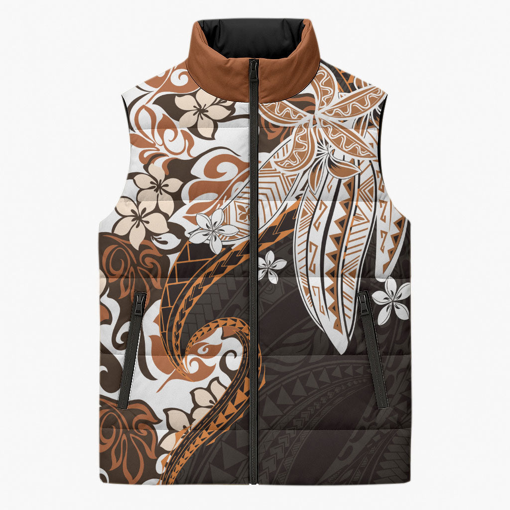 Monstera Plumeria Flowers Orange Sleeveless Puffer Jacket Polynesian Pattern