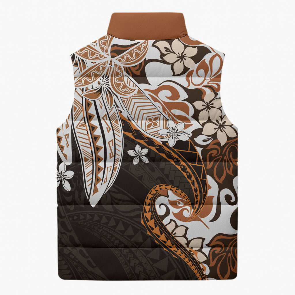 Monstera Plumeria Flowers Orange Sleeveless Puffer Jacket Polynesian Pattern