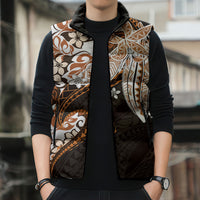 Monstera Plumeria Flowers Orange Sleeveless Puffer Jacket Polynesian Pattern