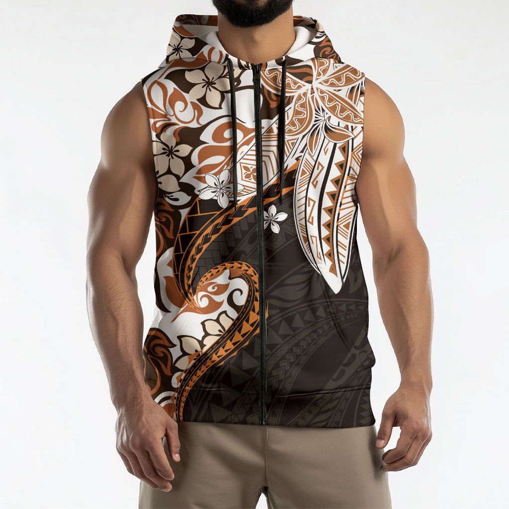 Monstera Plumeria Flowers Orange Sleeveless Zip Hoodie Polynesian Pattern