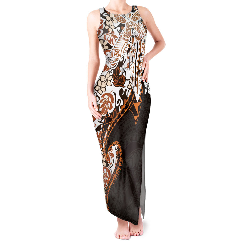 Monstera Plumeria Flowers Orange Tank Maxi Dress Polynesian Pattern